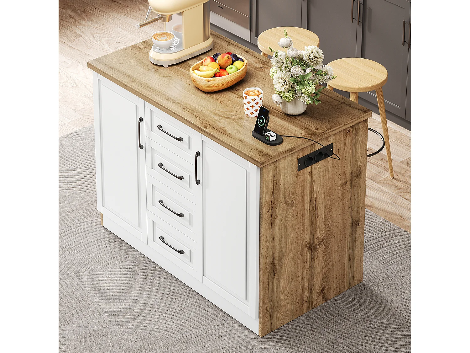 Îlot central de cuisine - avec 2 portes et 4 tiroirs - avec prise de courant - Blanc + Naturel