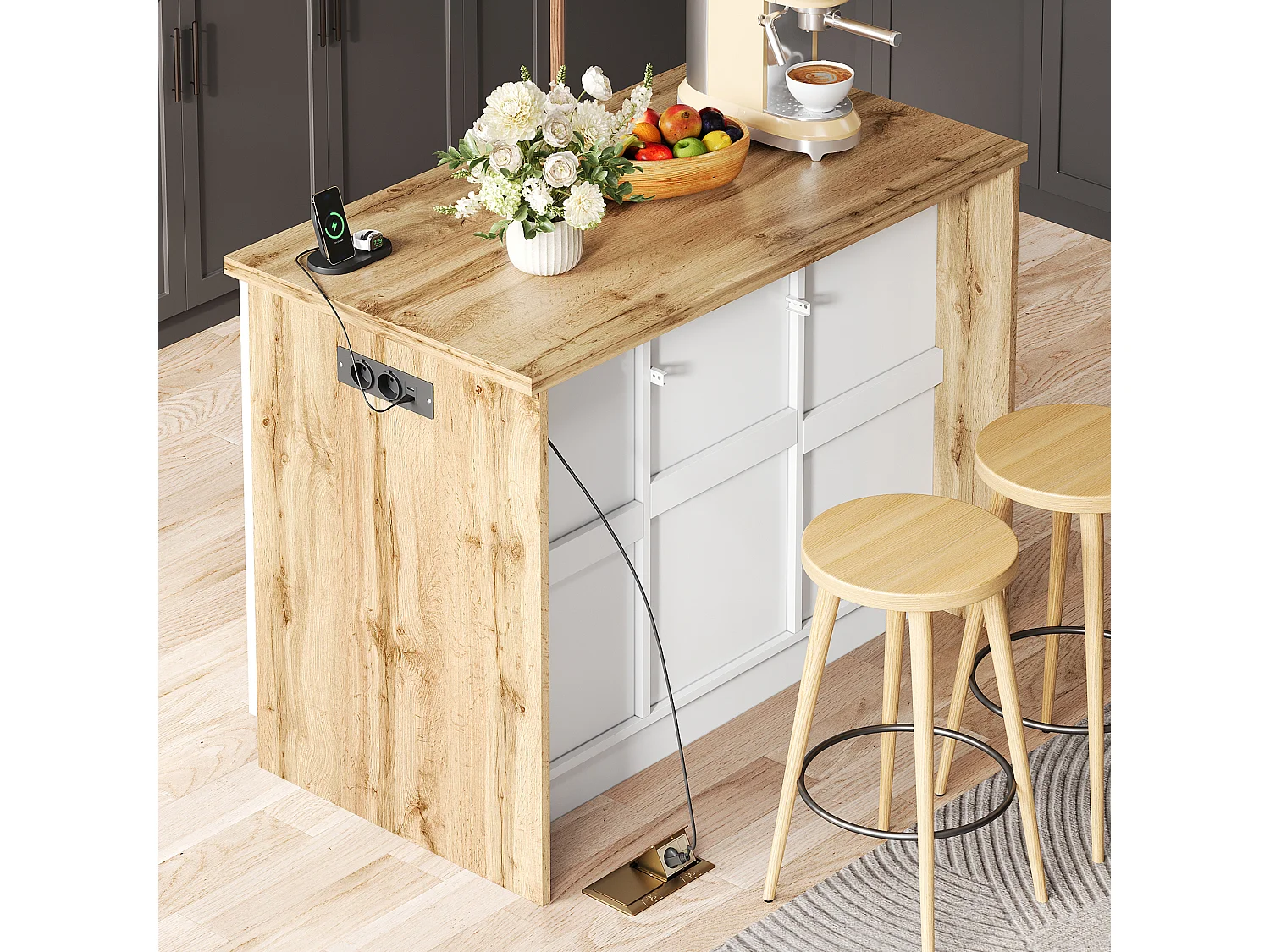 Îlot central de cuisine - avec 2 portes et 4 tiroirs - avec prise de courant - Blanc + Naturel