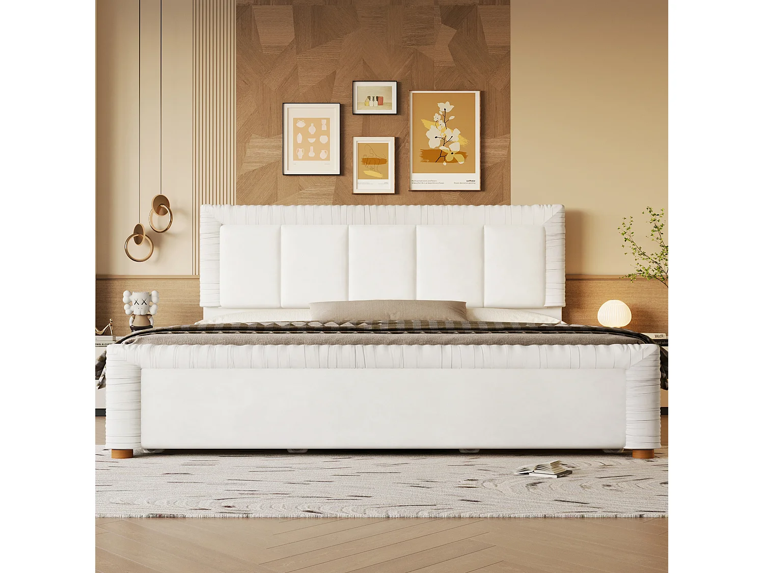Lit double 180 x 200 cm en velours style français - Lit adulte avec 2 tiroirs - Pieds en bois - Beige (matelas non inclus)