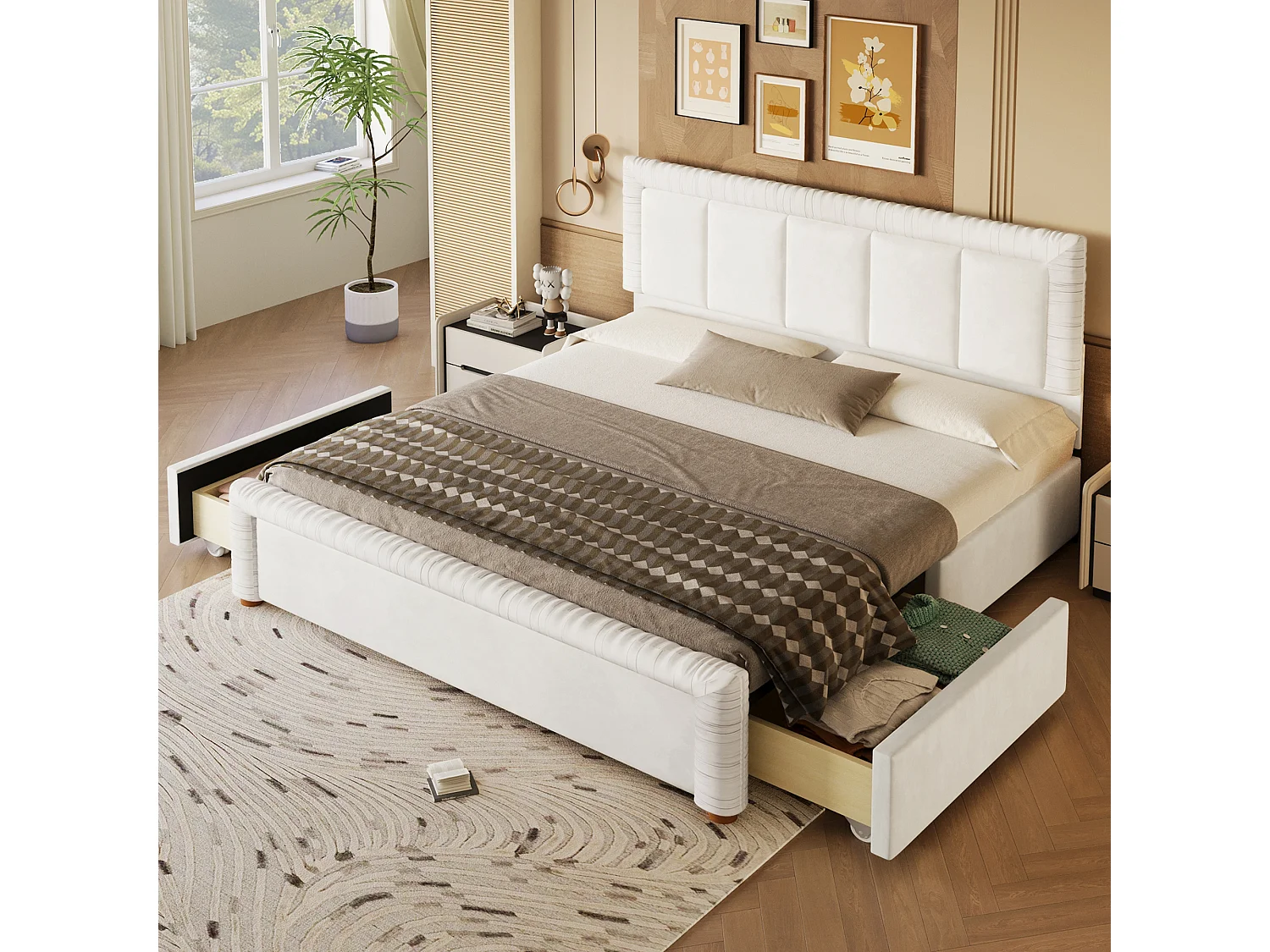 Lit double 180 x 200 cm en velours style français - Lit adulte avec 2 tiroirs - Pieds en bois - Beige (matelas non inclus)