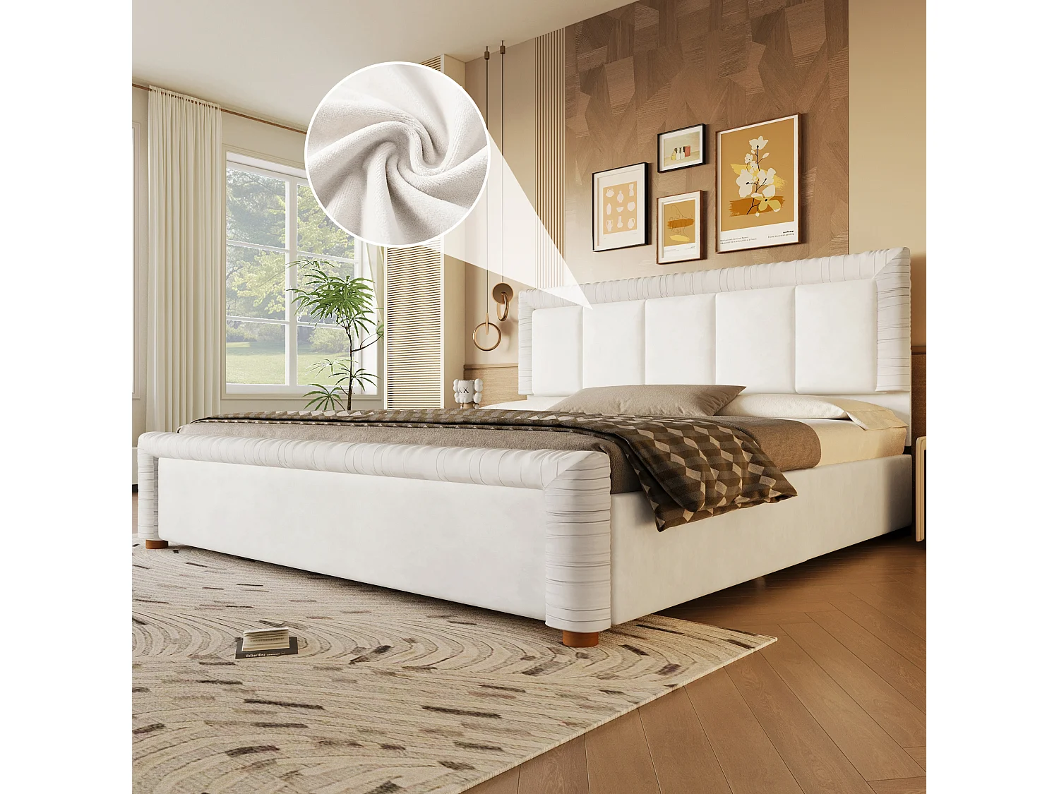 Lit double 180 x 200 cm en velours style français - Lit adulte avec 2 tiroirs - Pieds en bois - Beige (matelas non inclus)