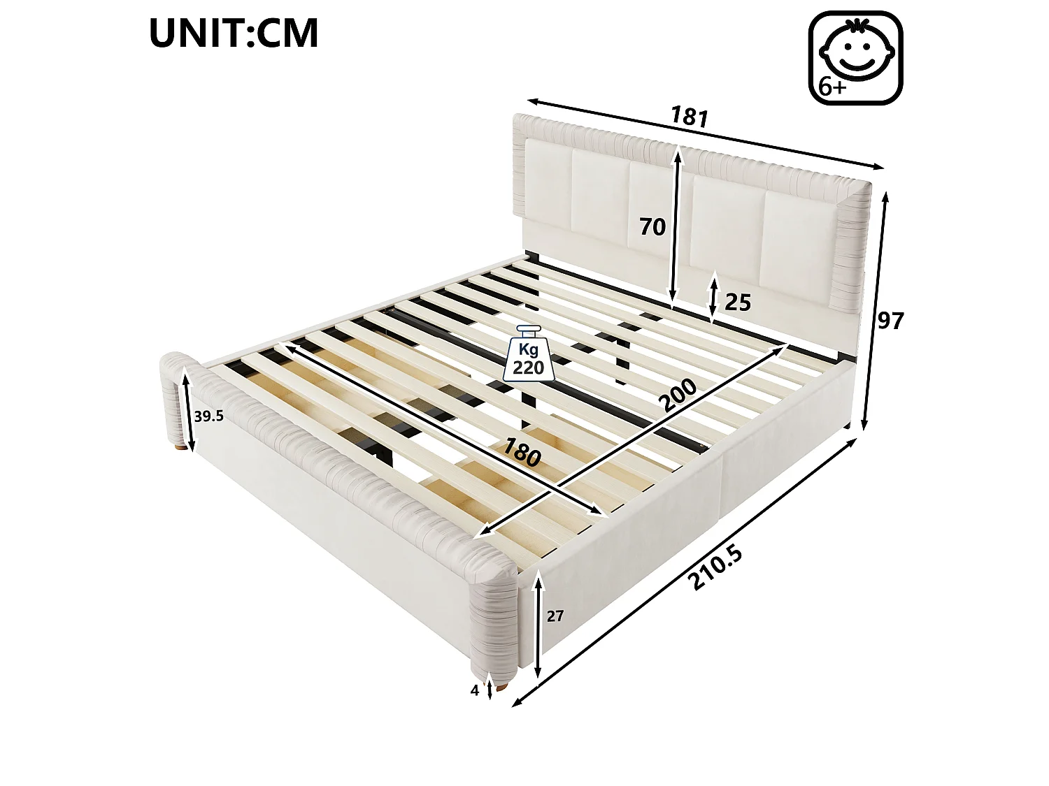 Lit double 180 x 200 cm en velours style français - Lit adulte avec 2 tiroirs - Pieds en bois - Beige (matelas non inclus)