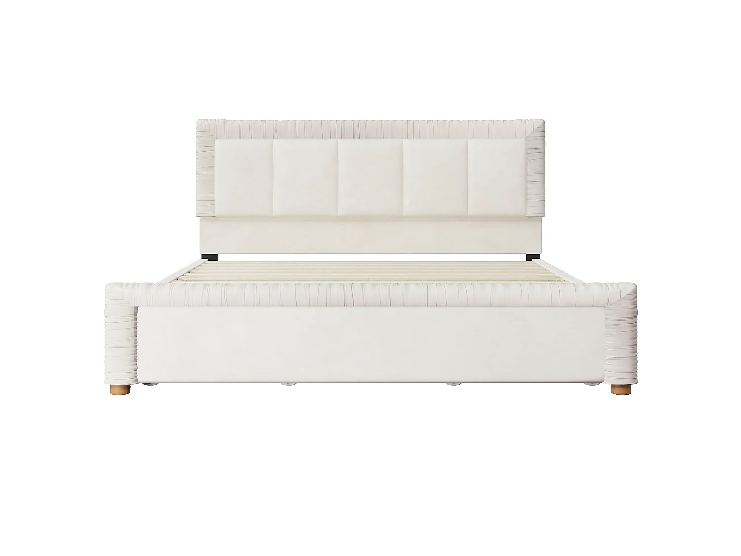 Lit double 180 x 200 cm en velours style français - Lit adulte avec 2 tiroirs - Pieds en bois - Beige (matelas non inclus)