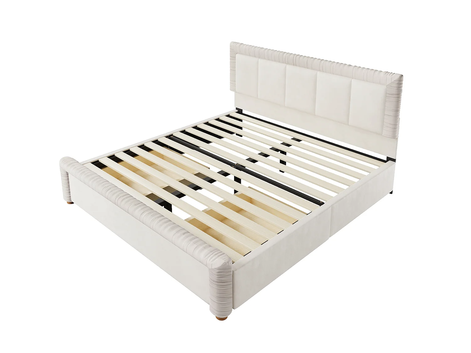 Lit double 180 x 200 cm en velours style français - Lit adulte avec 2 tiroirs - Pieds en bois - Beige (matelas non inclus)