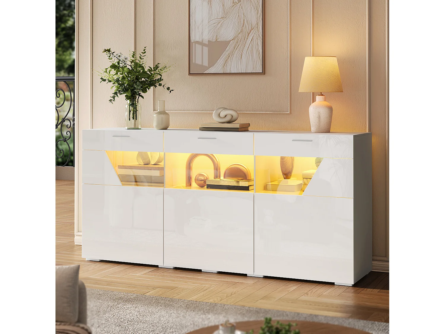 Modern buffet 160x38x78 cm - Opbergmeubel met 3 deuren - Met LED-verlichting - Glanzende afwerking - Spaanplaat - Wit