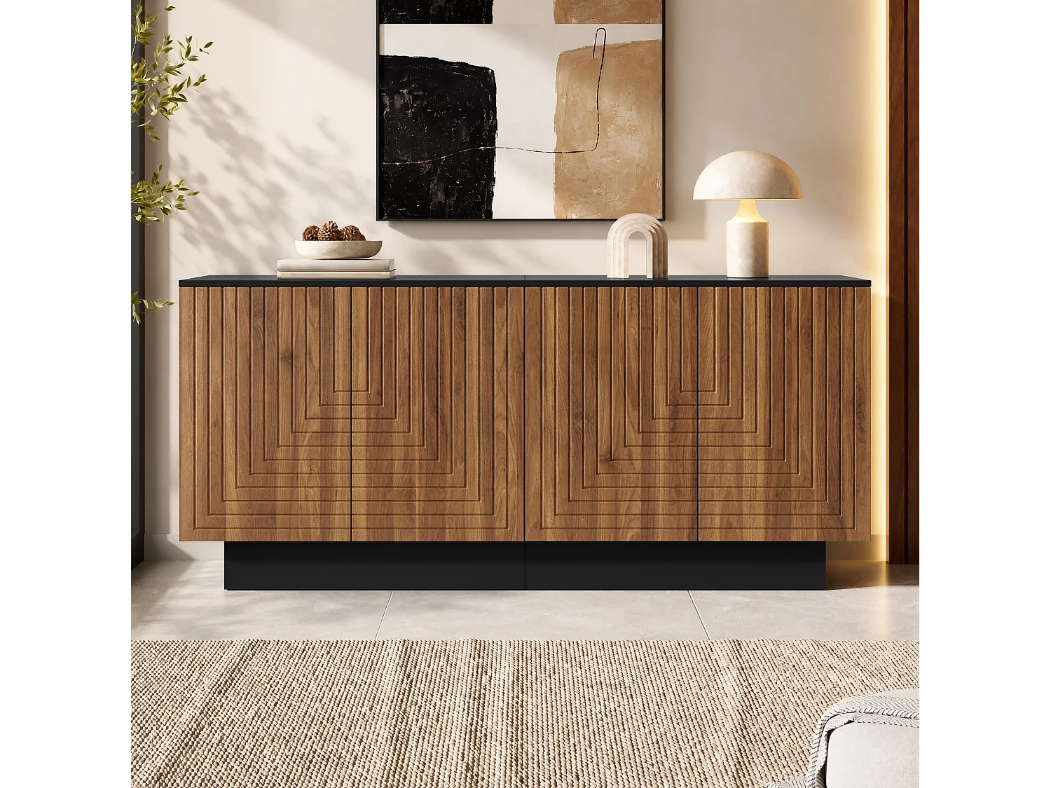 Modern sideboard 160x40x75 cm - 4 doors with textured finish - Living room/storage furniture - MDF - Brown