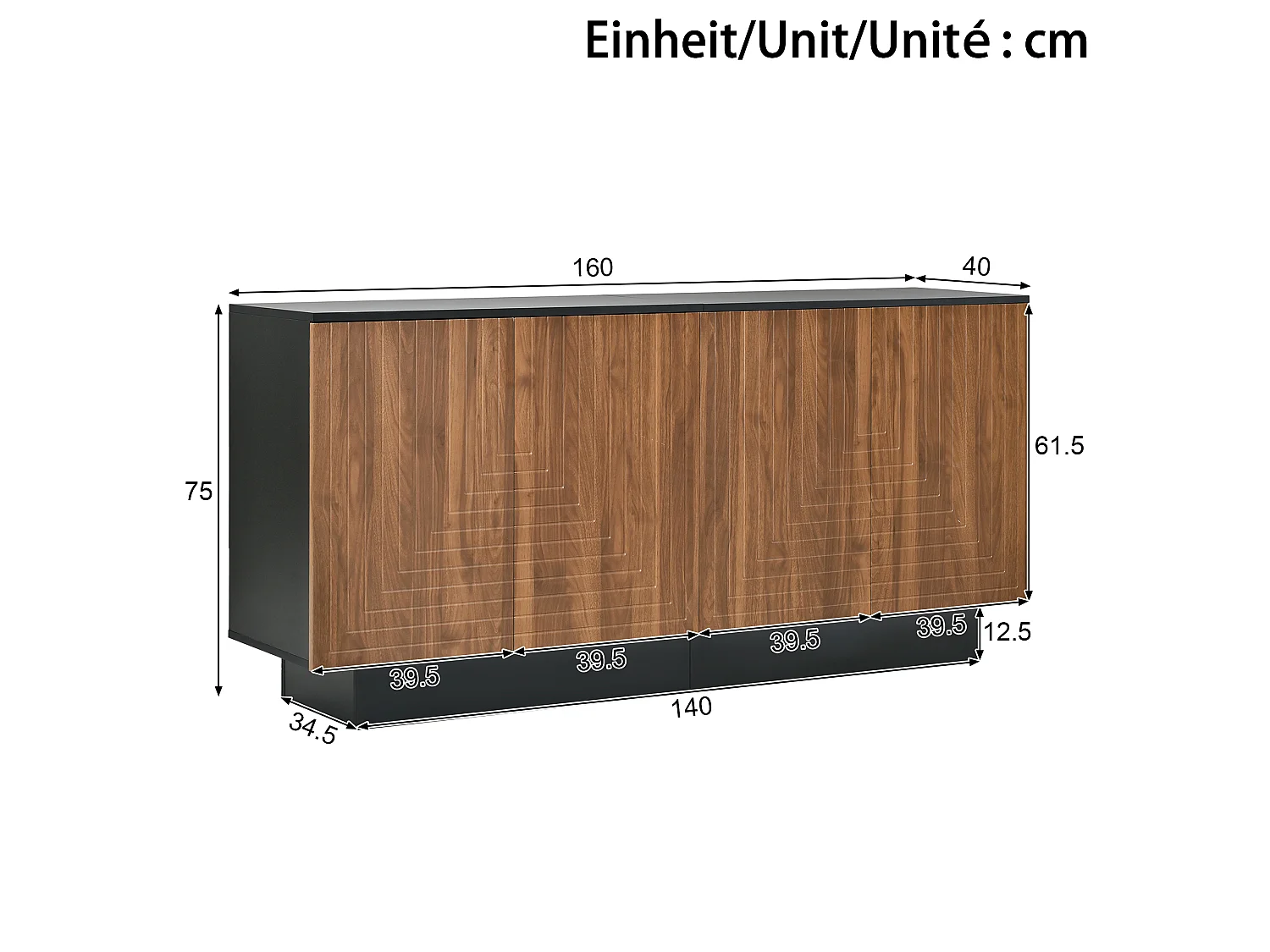 Modern sideboard 160x40x75 cm - 4 doors with textured finish - Living room/storage furniture - MDF - Brown