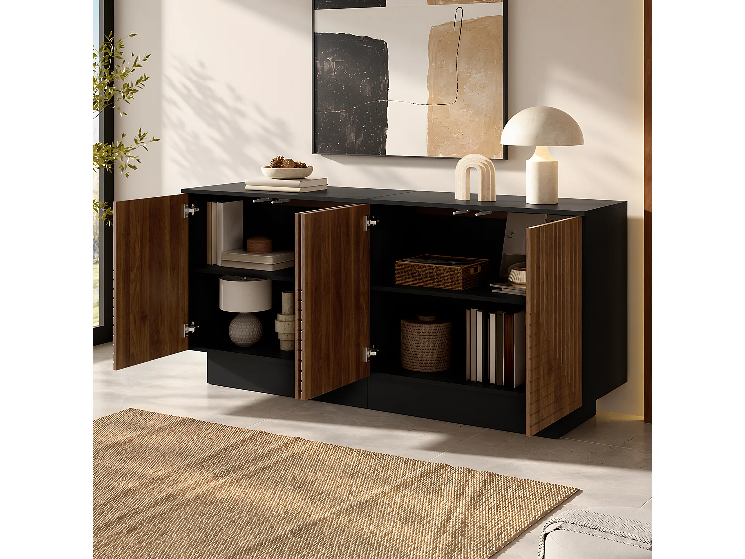 Modern sideboard 160x40x75 cm - 4 doors with textured finish - Living room/storage furniture - MDF - Brown