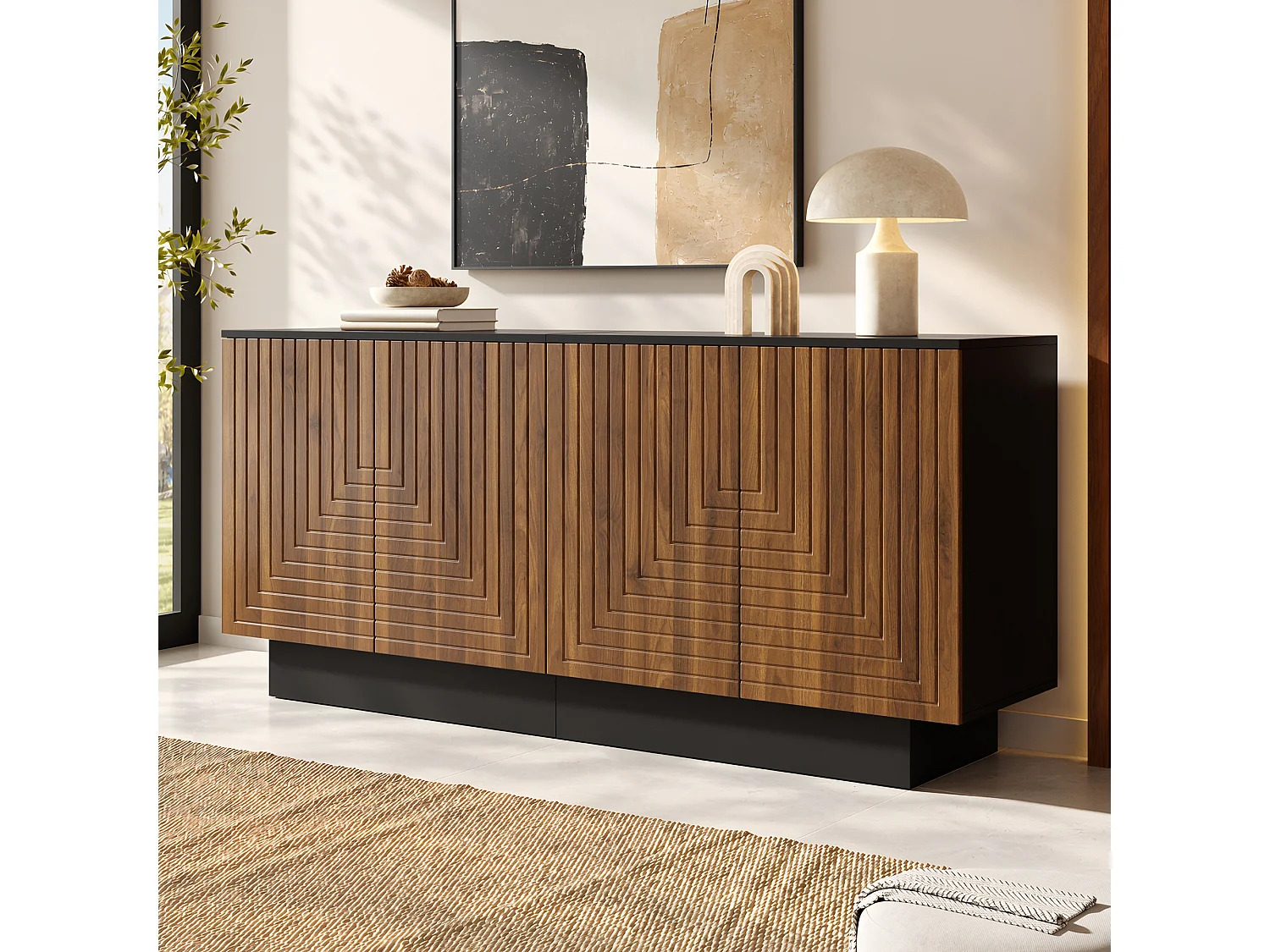 Modern sideboard 160x40x75 cm - 4 doors with textured finish - Living room/storage furniture - MDF - Brown