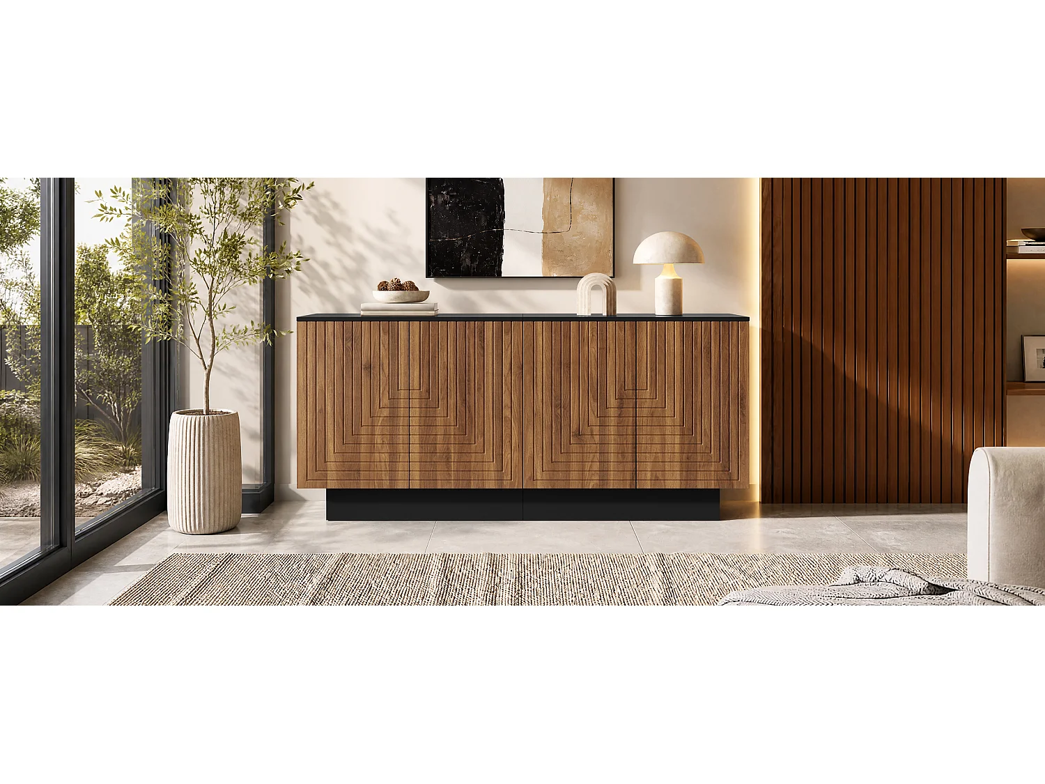Modern sideboard 160x40x75 cm - 4 doors with textured finish - Living room/storage furniture - MDF - Brown