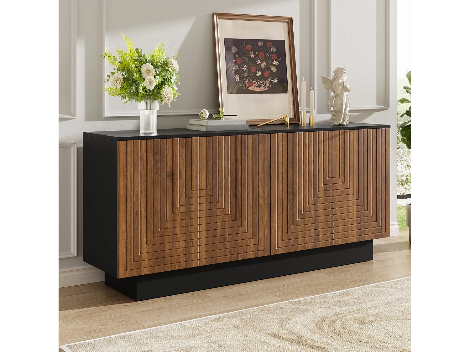 Modern sideboard 160x40x75 cm - 4 doors with textured finish - Living room/storage furniture - MDF - Brown