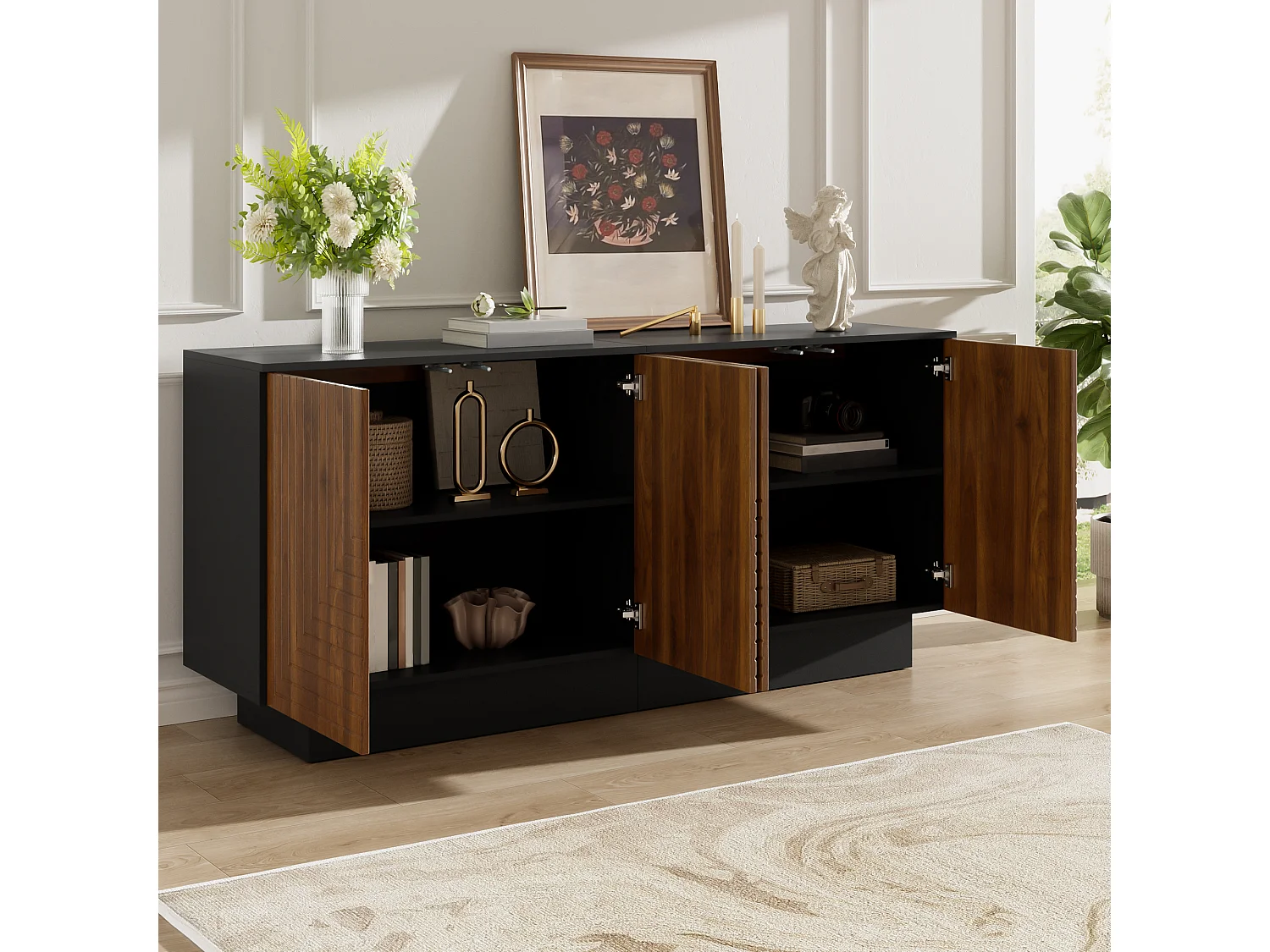 Modern sideboard 160x40x75 cm - 4 doors with textured finish - Living room/storage furniture - MDF - Brown