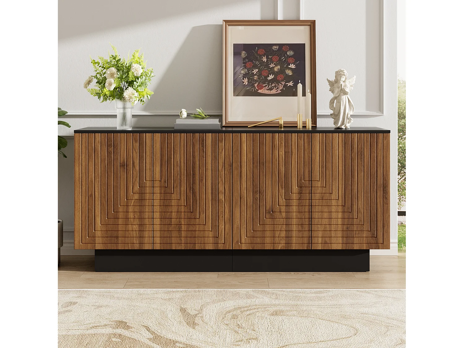 Modern sideboard 160x40x75 cm - 4 doors with textured finish - Living room/storage furniture - MDF - Brown