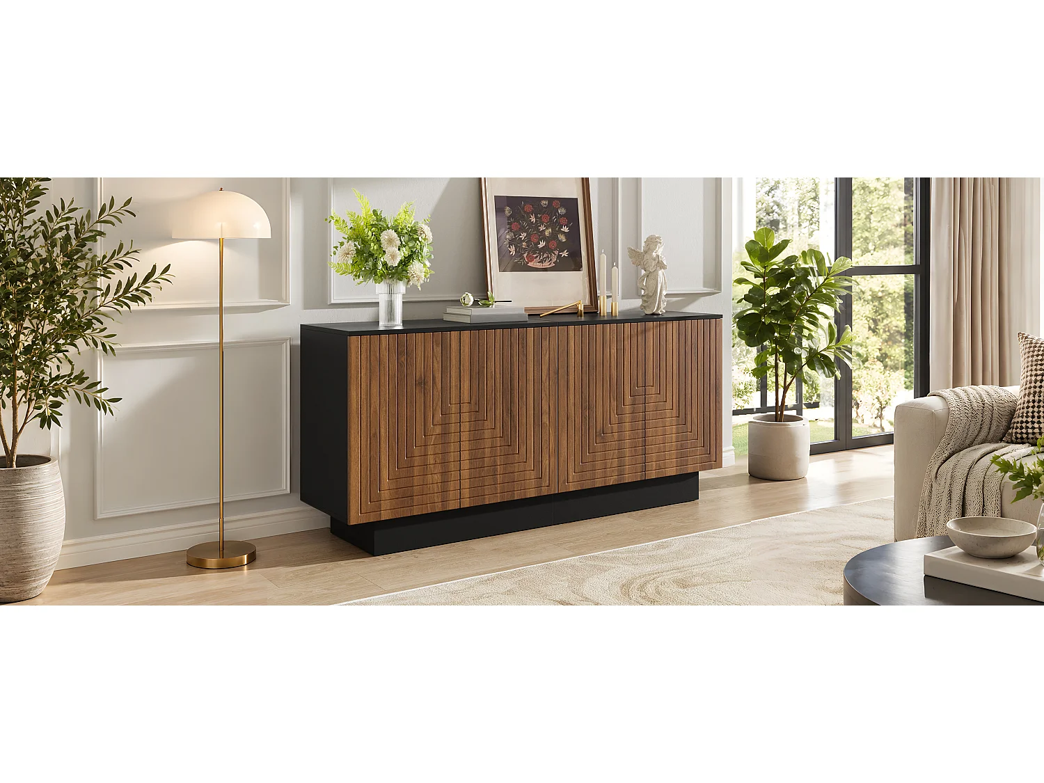 Modern sideboard 160x40x75 cm - 4 doors with textured finish - Living room/storage furniture - MDF - Brown