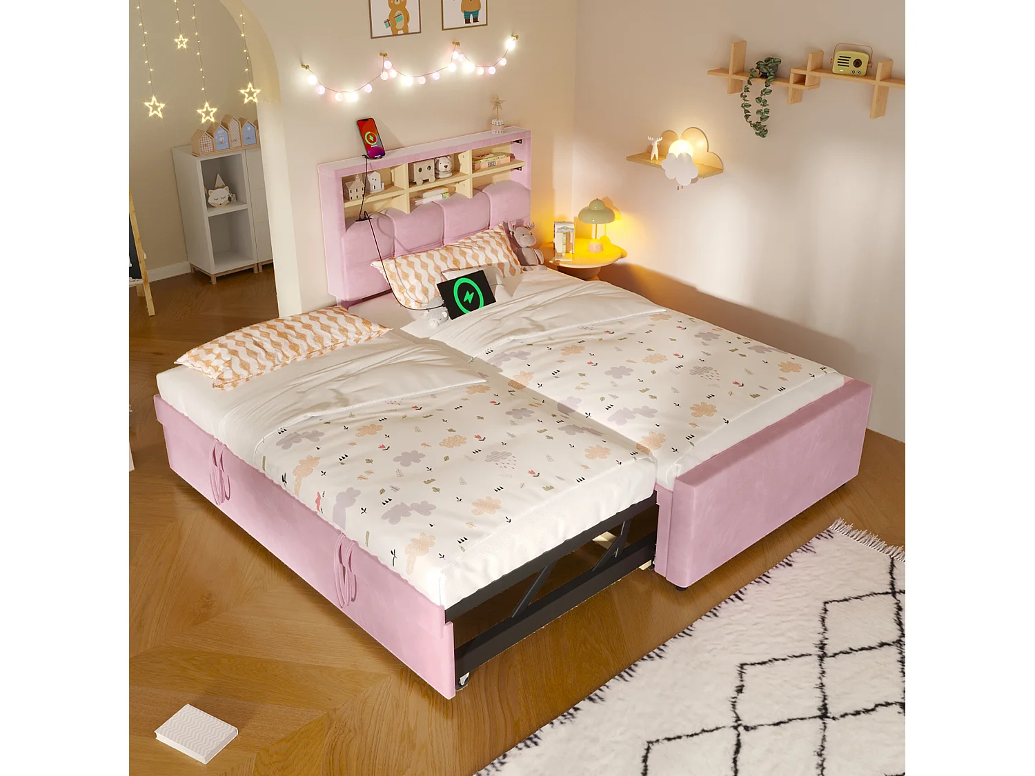 Lit pour enfant 90 x 200 cm – avec lit gigogne – avec port USB-C – velours – rose (matelas non inclus)