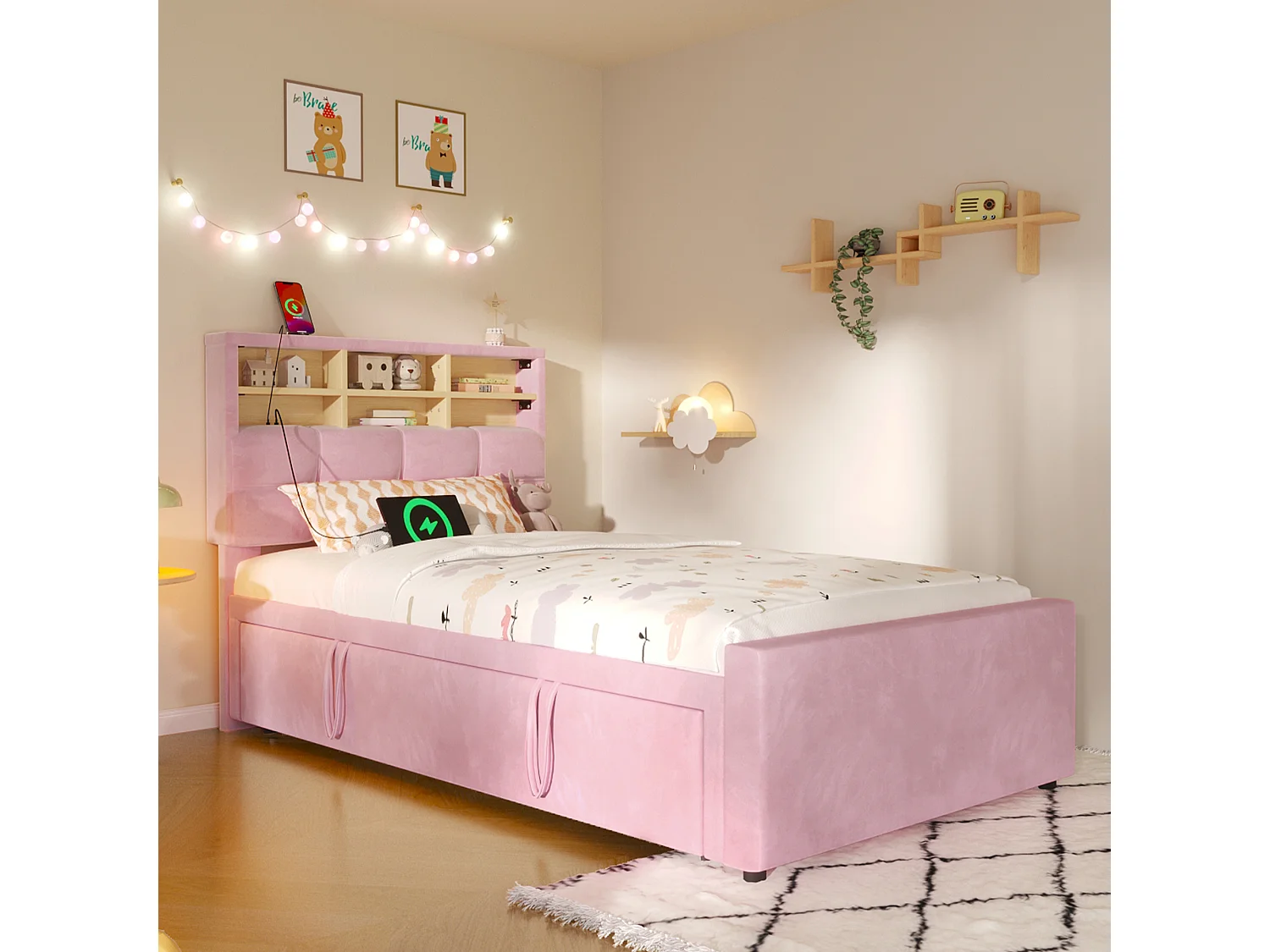 Lit pour enfant 90 x 200 cm – avec lit gigogne – avec port USB-C – velours – rose (matelas non inclus)