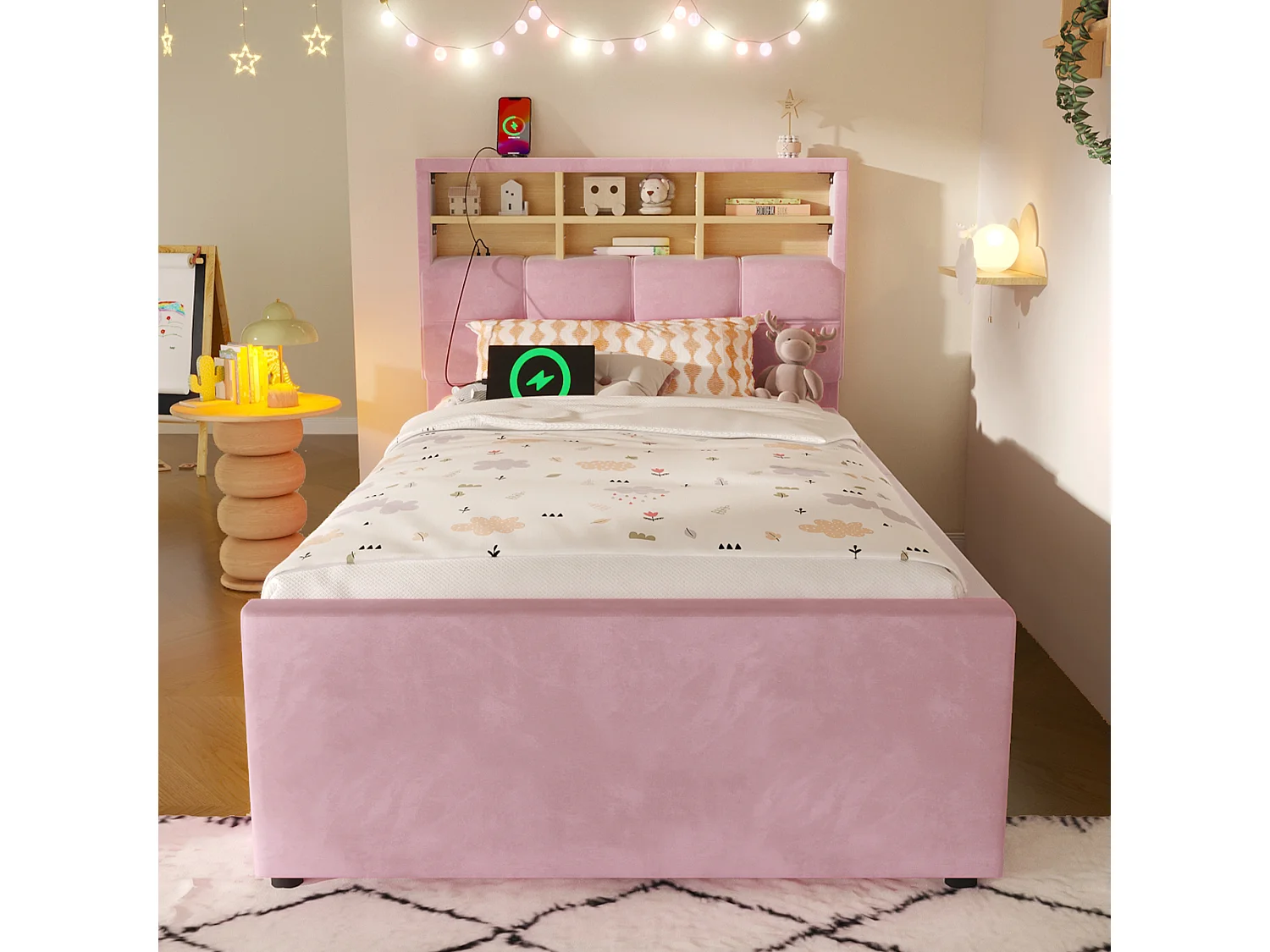 Lit pour enfant 90 x 200 cm – avec lit gigogne – avec port USB-C – velours – rose (matelas non inclus)
