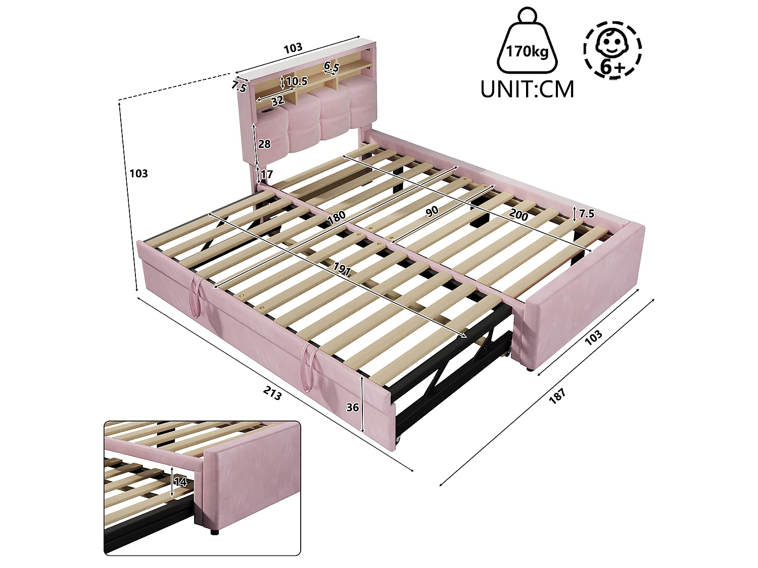 Lit pour enfant 90 x 200 cm – avec lit gigogne – avec port USB-C – velours – rose (matelas non inclus)