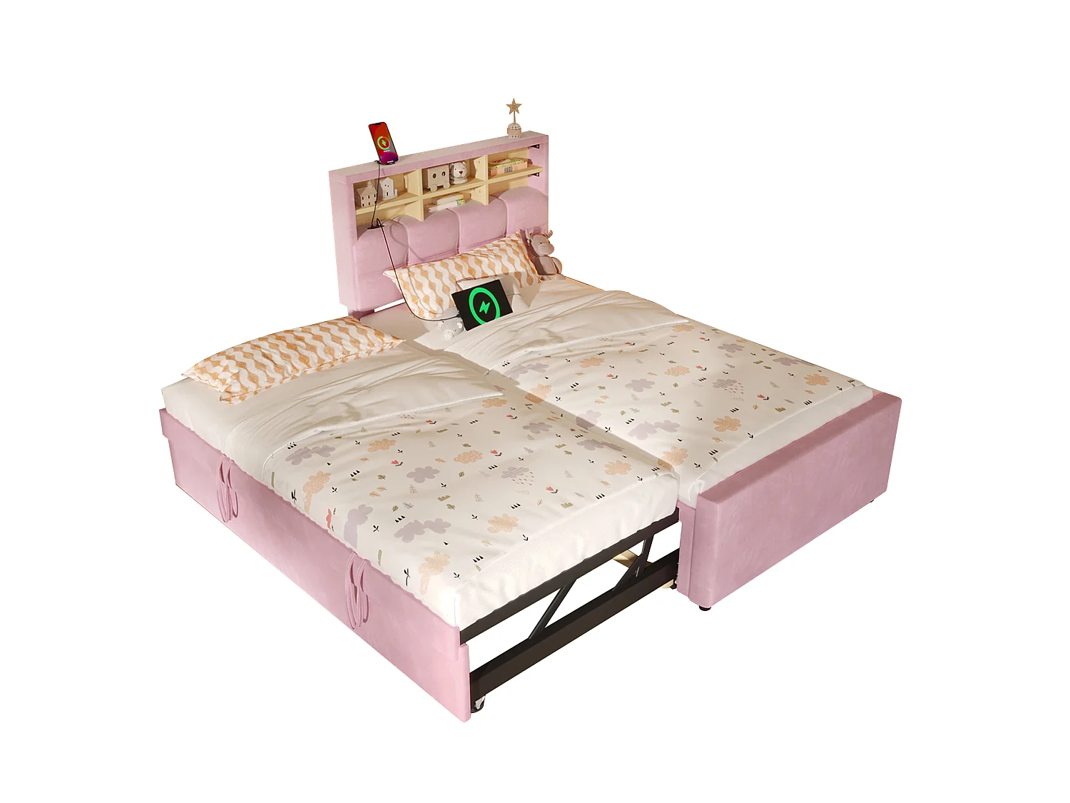 Lit pour enfant 90 x 200 cm – avec lit gigogne – avec port USB-C – velours – rose (matelas non inclus)