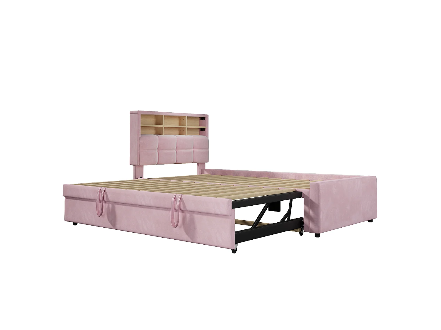 Lit pour enfant 90 x 200 cm – avec lit gigogne – avec port USB-C – velours – rose (matelas non inclus)
