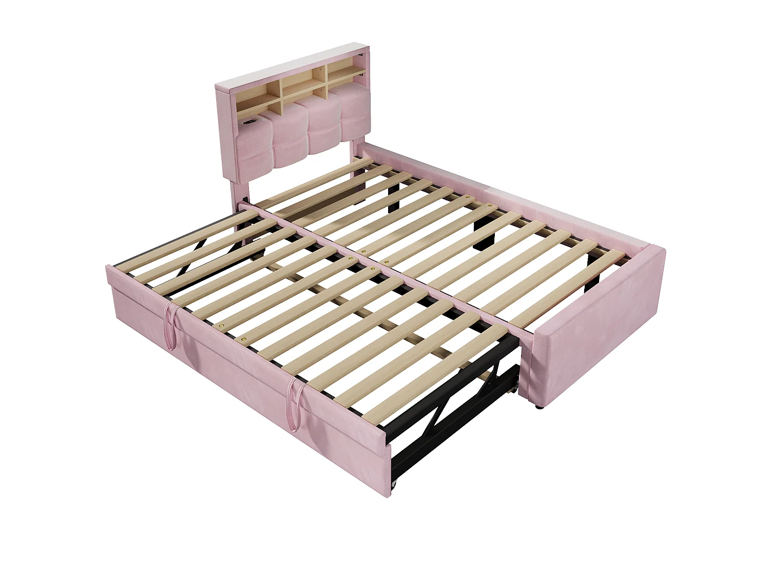 Lit pour enfant 90 x 200 cm – avec lit gigogne – avec port USB-C – velours – rose (matelas non inclus)