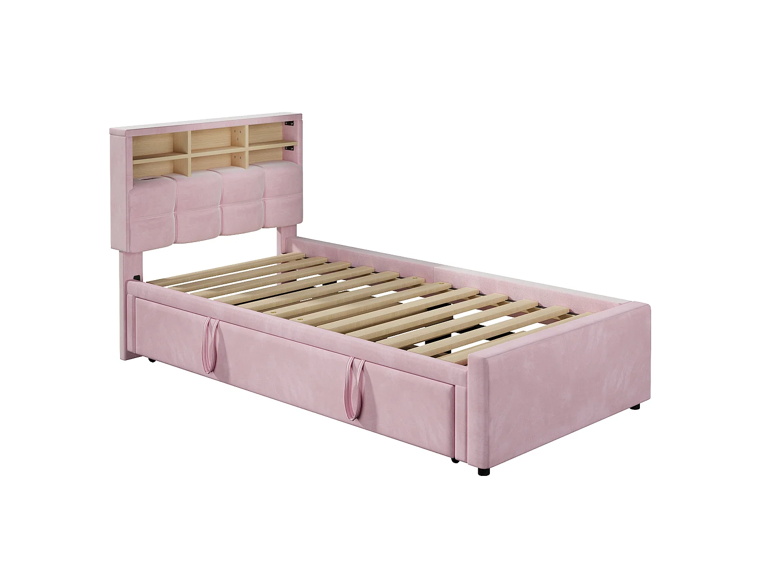 Lit pour enfant 90 x 200 cm – avec lit gigogne – avec port USB-C – velours – rose (matelas non inclus)