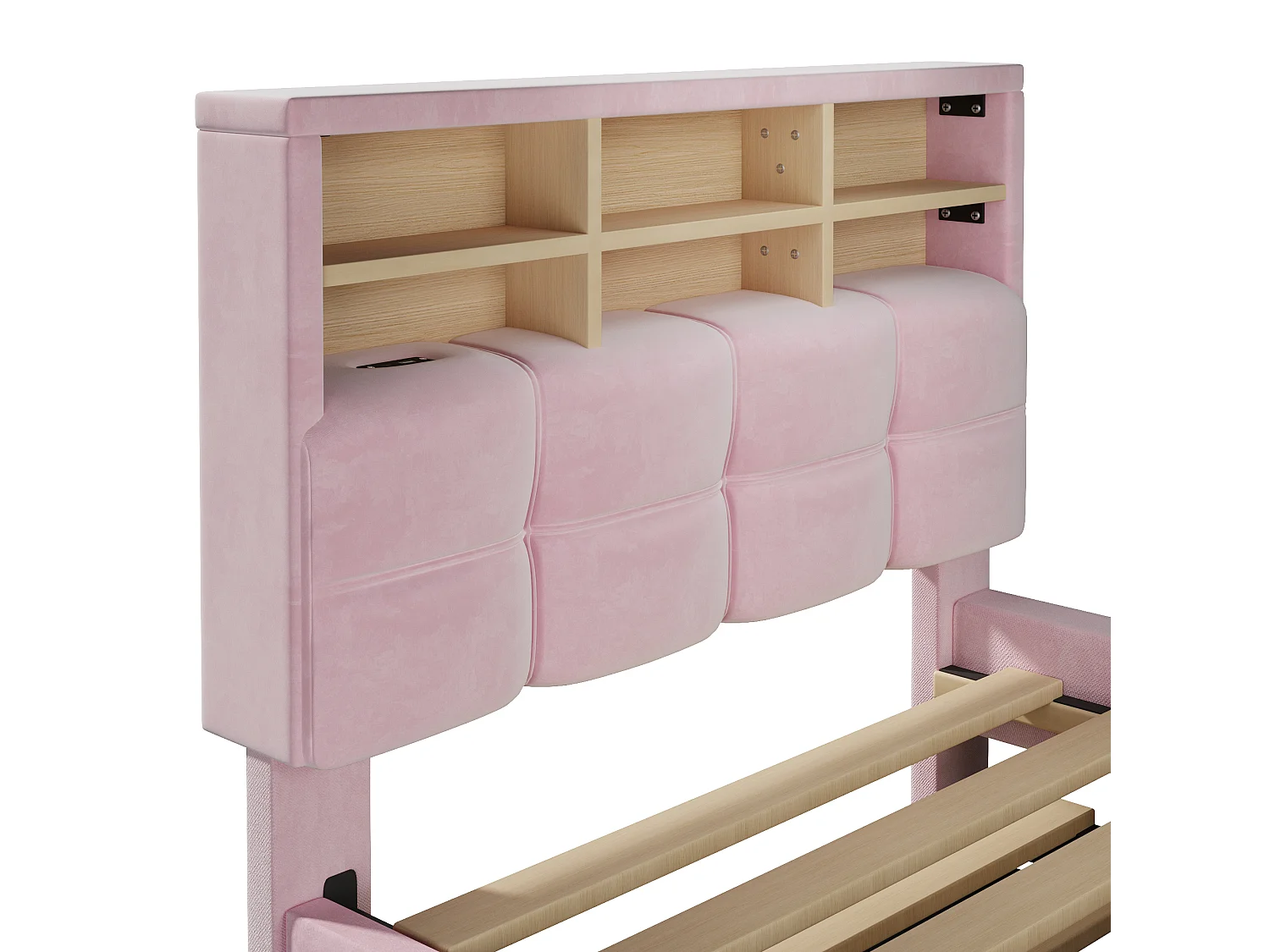 Lit pour enfant 90 x 200 cm – avec lit gigogne – avec port USB-C – velours – rose (matelas non inclus)