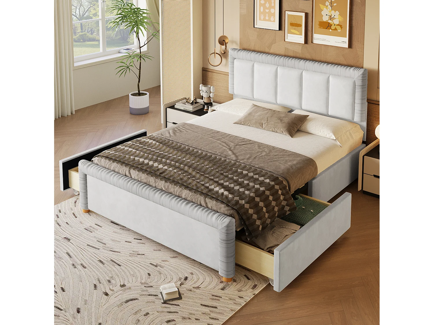 Lit double 140x200 cm en velours style français - Lit adulte avec 2 tiroirs - Pieds en bois - Gris (matelas non inclus)