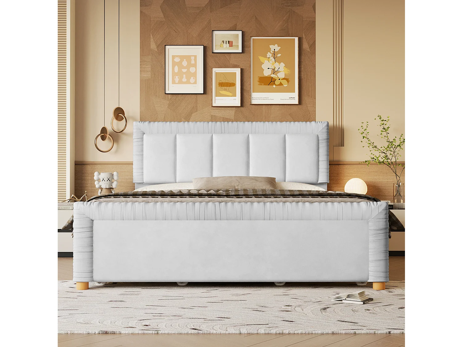 Lit double 140x200 cm en velours style français - Lit adulte avec 2 tiroirs - Pieds en bois - Gris (matelas non inclus)
