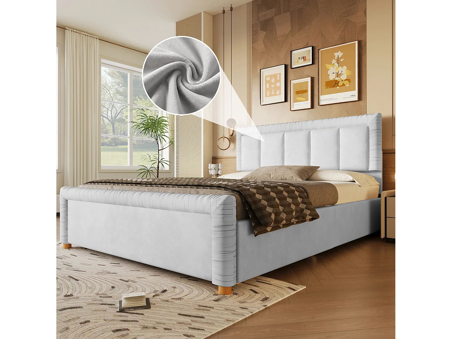Lit double 140x200 cm en velours style français - Lit adulte avec 2 tiroirs - Pieds en bois - Gris (matelas non inclus)