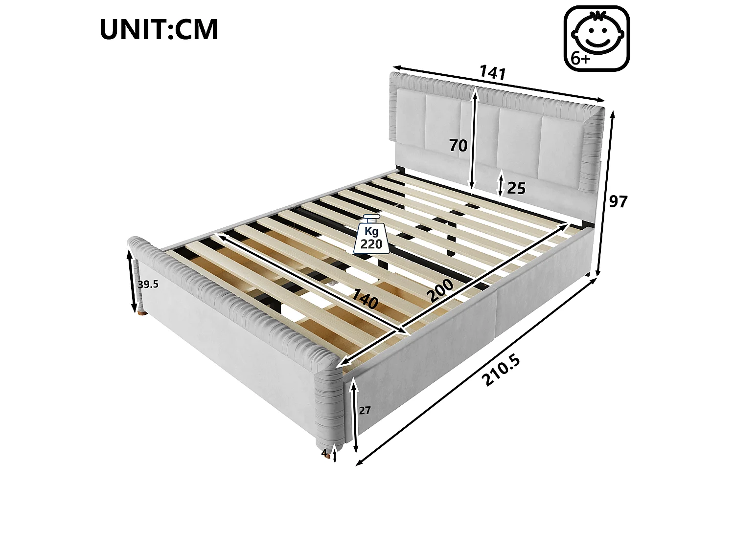 Lit double 140x200 cm en velours style français - Lit adulte avec 2 tiroirs - Pieds en bois - Gris (matelas non inclus)