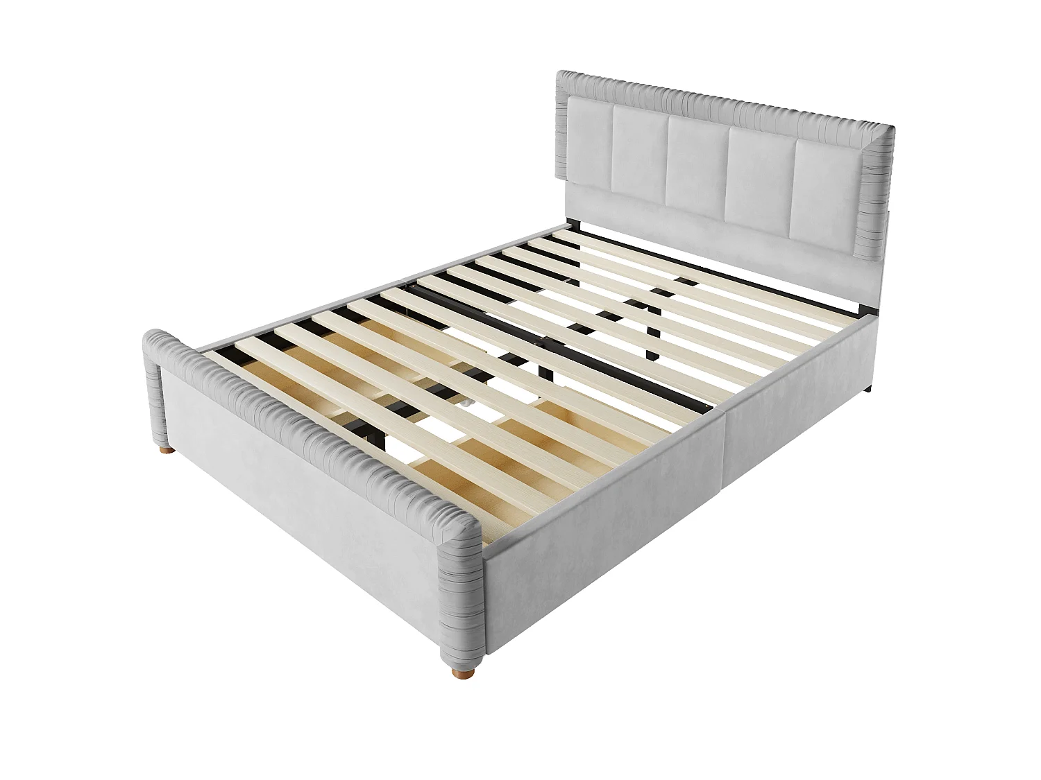 Lit double 140x200 cm en velours style français - Lit adulte avec 2 tiroirs - Pieds en bois - Gris (matelas non inclus)