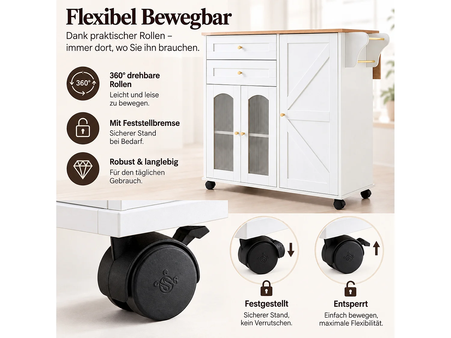 Mobile Kücheninsel 110 cm mit klappbarer Arbeitsplatte – Mit 2 Schubladen, 3 Türen und Seitenregalen – Weiß und Natur