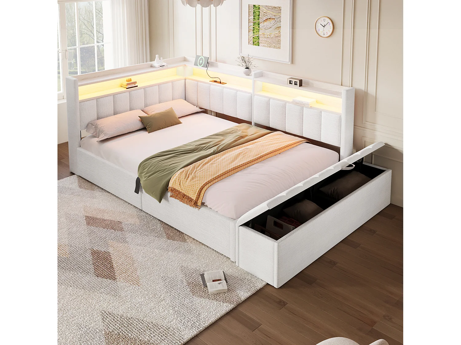 Sovesofa med opbevaringsrum 140 x 200 cm - med stikkontakt - med USB-port + LED-lysstrimmel - beige (madras ikke inkluderet)