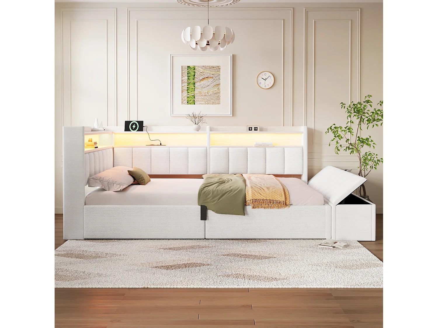 Sovesofa med opbevaringsrum 140 x 200 cm - med stikkontakt - med USB-port + LED-lysstrimmel - beige (madras ikke inkluderet)