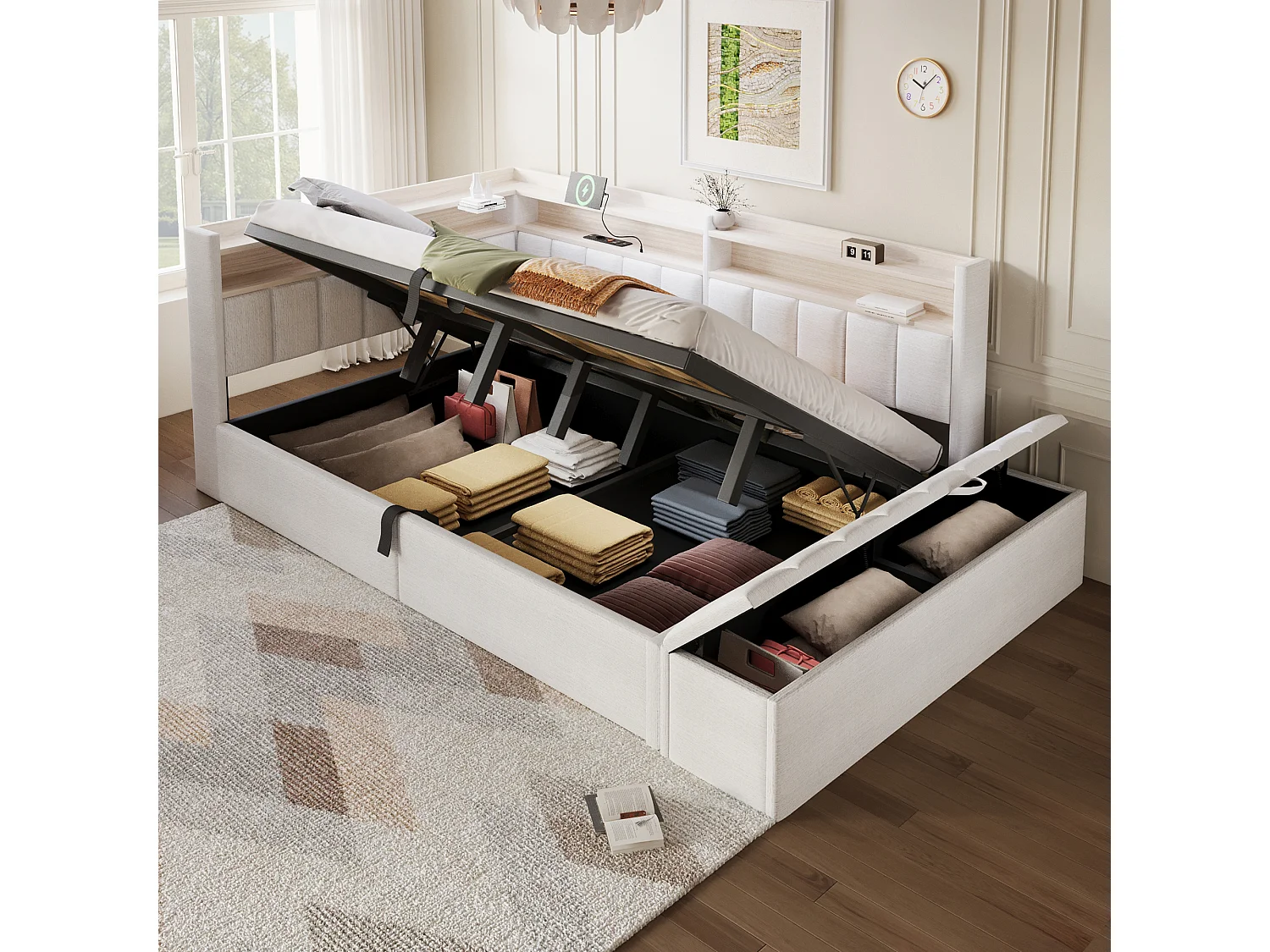 Sovesofa med opbevaringsrum 140 x 200 cm - med stikkontakt - med USB-port + LED-lysstrimmel - beige (madras ikke inkluderet)