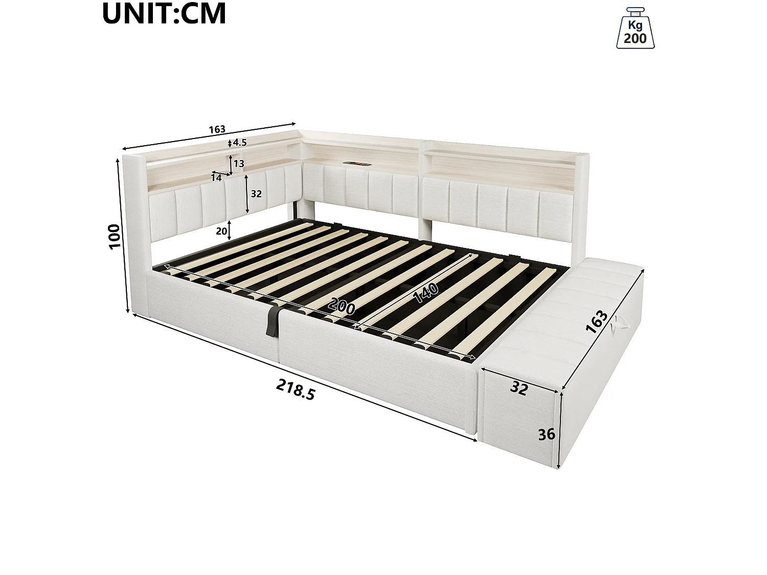 Sovesofa med opbevaringsrum 140 x 200 cm - med stikkontakt - med USB-port + LED-lysstrimmel - beige (madras ikke inkluderet)