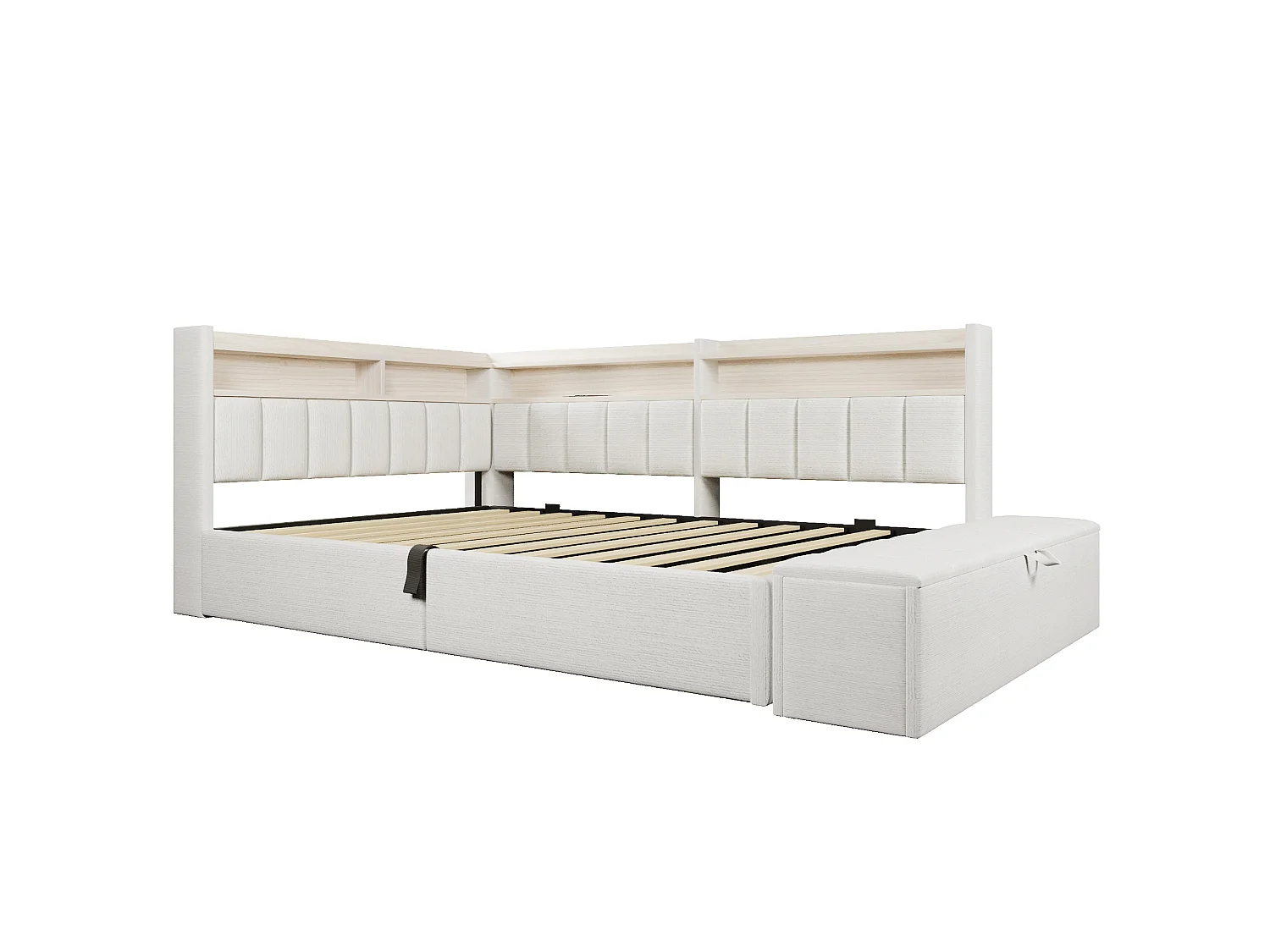 Sovesofa med opbevaringsrum 140 x 200 cm - med stikkontakt - med USB-port + LED-lysstrimmel - beige (madras ikke inkluderet)