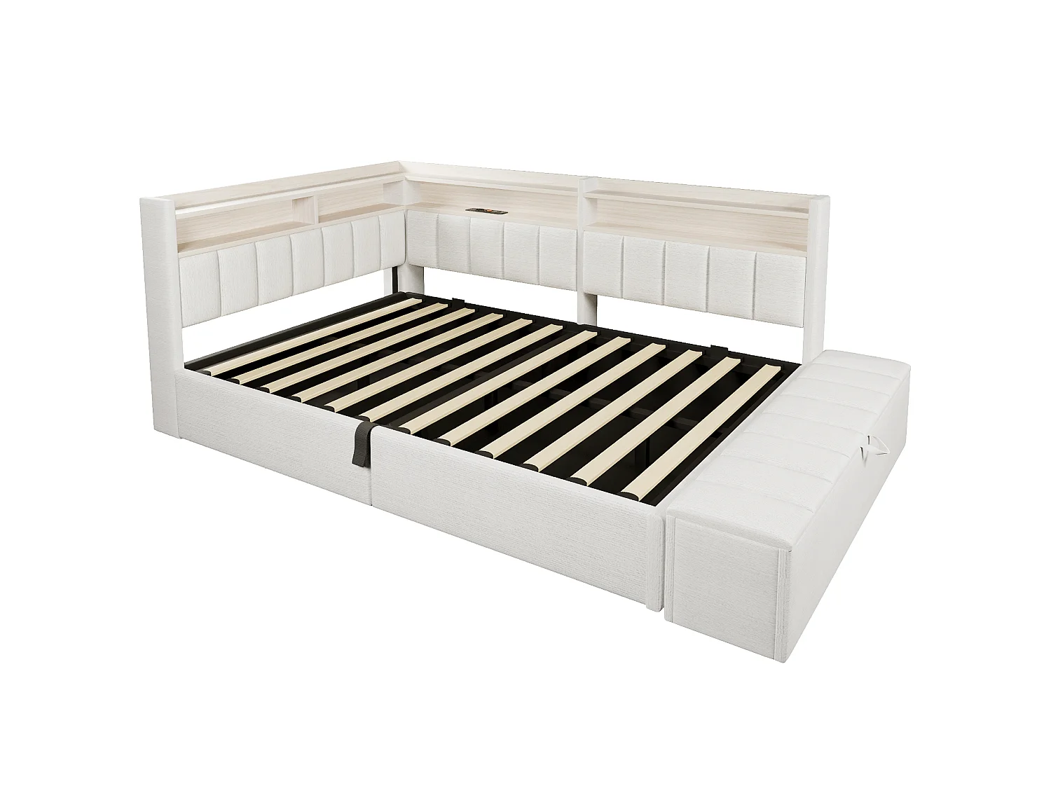 Sovesofa med opbevaringsrum 140 x 200 cm - med stikkontakt - med USB-port + LED-lysstrimmel - beige (madras ikke inkluderet)