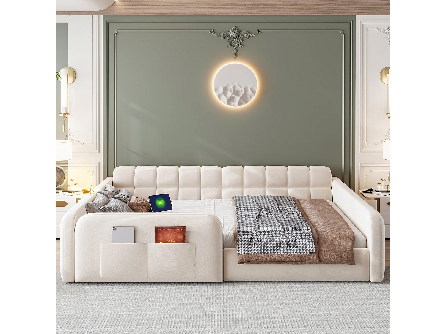 Lit rembourré pour enfant 140 x 200 cm – avec 1 tiroir – avec veilleuse – Beige (matelas non inclus)