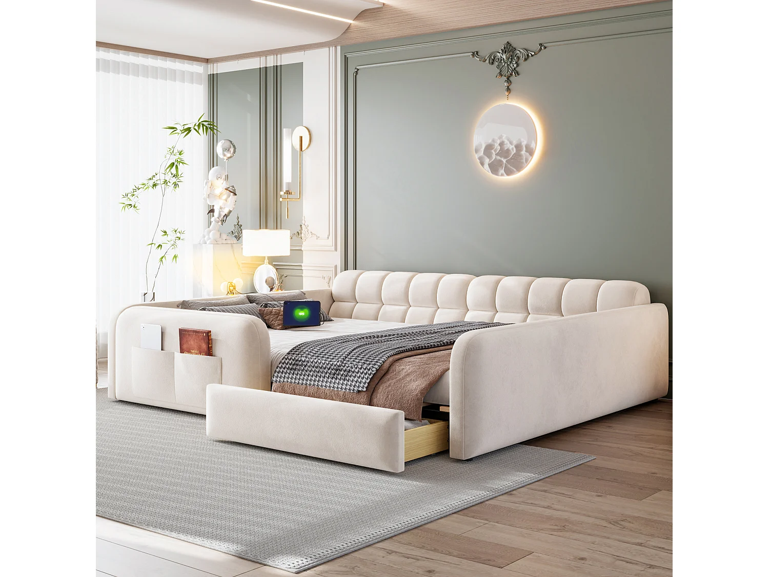 Lit rembourré pour enfant 140 x 200 cm – avec 1 tiroir – avec veilleuse – Beige (matelas non inclus)