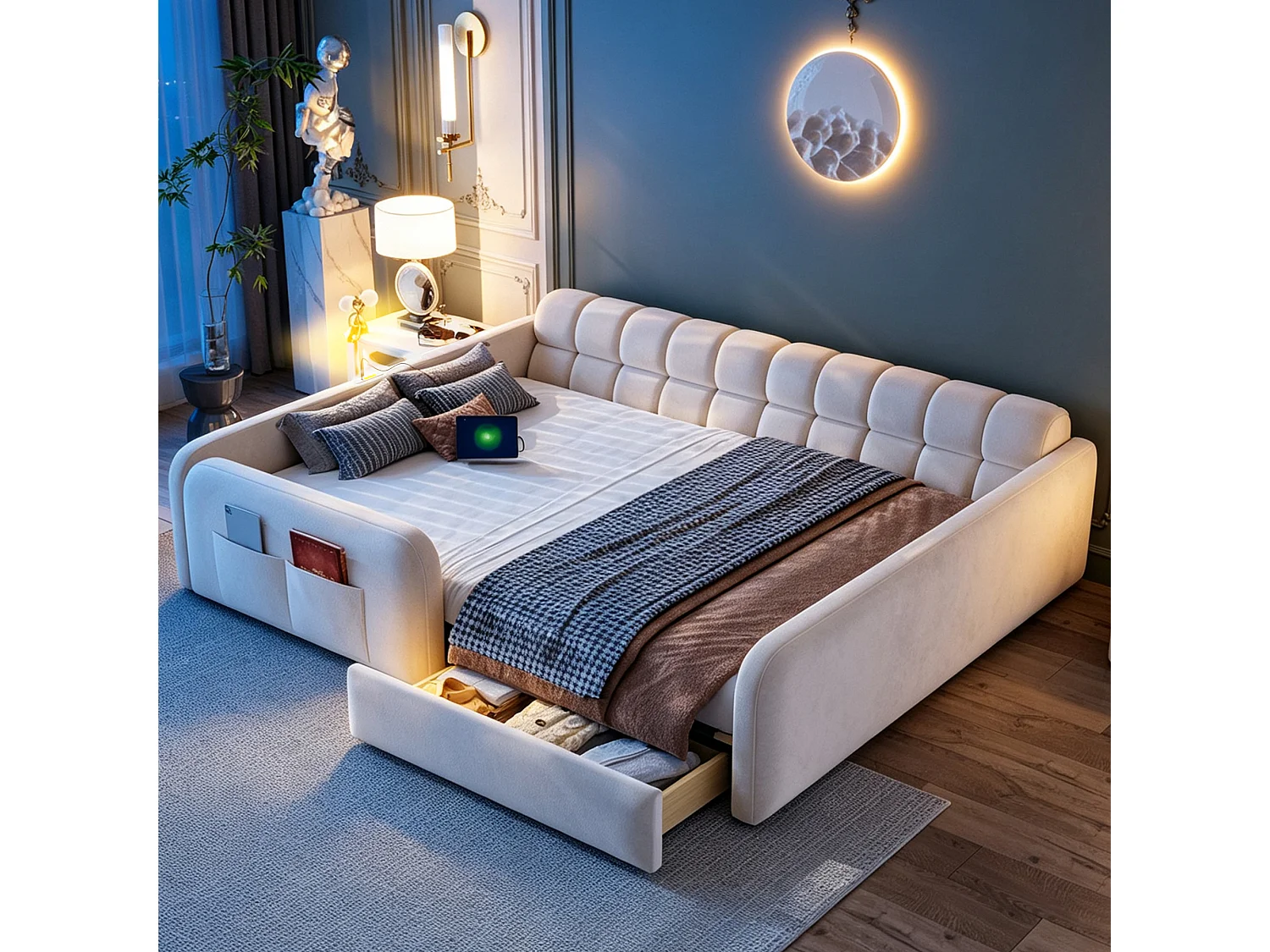 Lit rembourré pour enfant 140 x 200 cm – avec 1 tiroir – avec veilleuse – Beige (matelas non inclus)