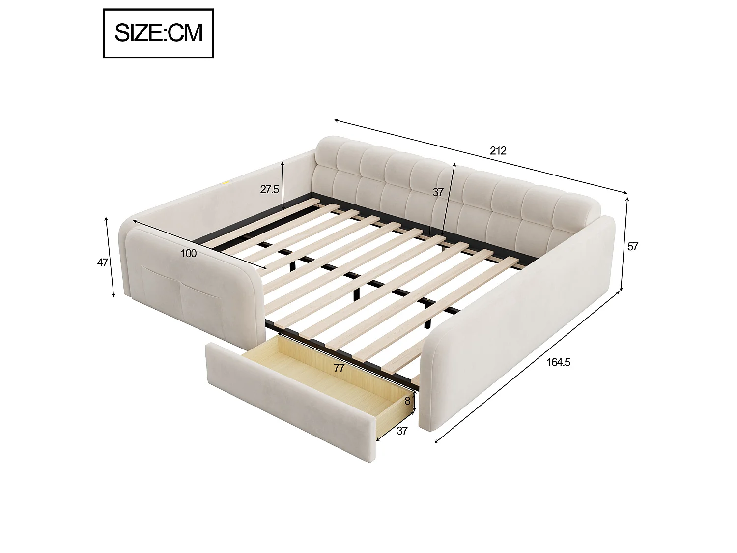 Lit rembourré pour enfant 140 x 200 cm – avec 1 tiroir – avec veilleuse – Beige (matelas non inclus)