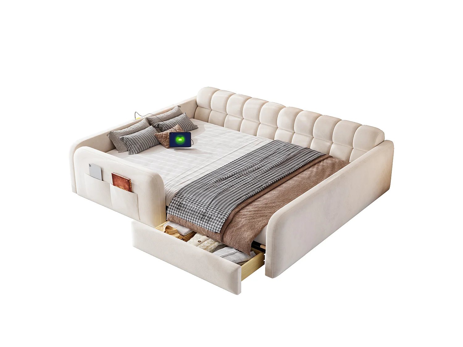 Lit rembourré pour enfant 140 x 200 cm – avec 1 tiroir – avec veilleuse – Beige (matelas non inclus)