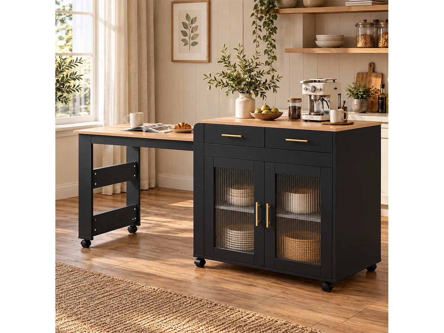 Isola da cucina con piano estensibile, 2 ante e 2 cassetti - Prese elettriche e porte USB - Da 2 a 4 persone - Nero