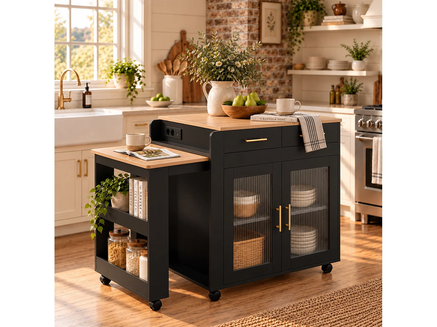 Isola da cucina con piano estensibile, 2 ante e 2 cassetti - Prese elettriche e porte USB - Da 2 a 4 persone - Nero