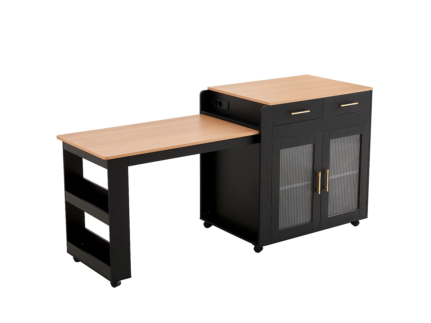 Isola da cucina con piano estensibile, 2 ante e 2 cassetti - Prese elettriche e porte USB - Da 2 a 4 persone - Nero