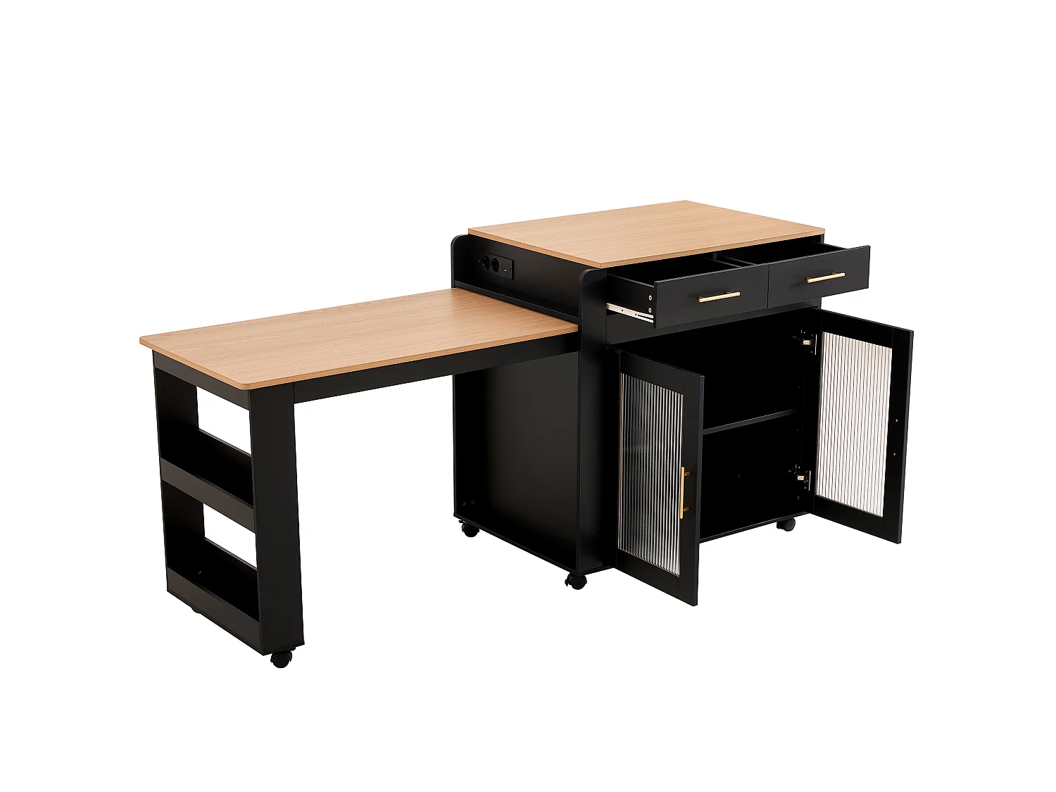 Isola da cucina con piano estensibile, 2 ante e 2 cassetti - Prese elettriche e porte USB - Da 2 a 4 persone - Nero