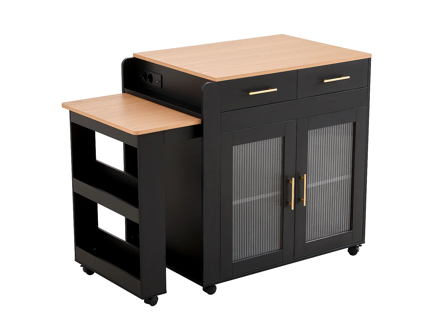 Isola da cucina con piano estensibile, 2 ante e 2 cassetti - Prese elettriche e porte USB - Da 2 a 4 persone - Nero