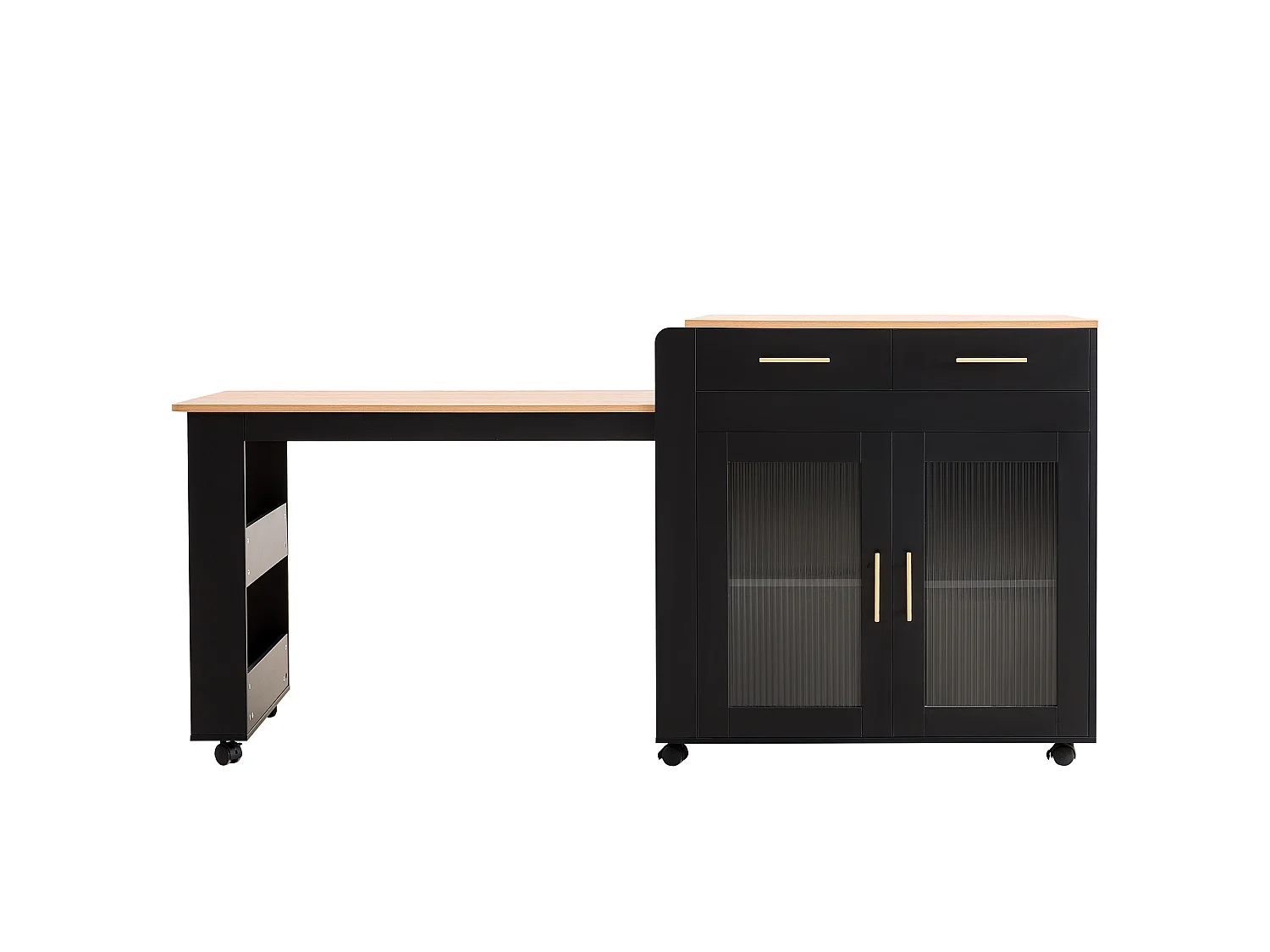 Isola da cucina con piano estensibile, 2 ante e 2 cassetti - Prese elettriche e porte USB - Da 2 a 4 persone - Nero